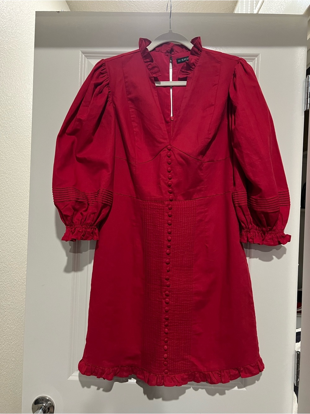 Haute Rogue red linen/cotton mini dress w puffed sleeves - Picture 5 of 13